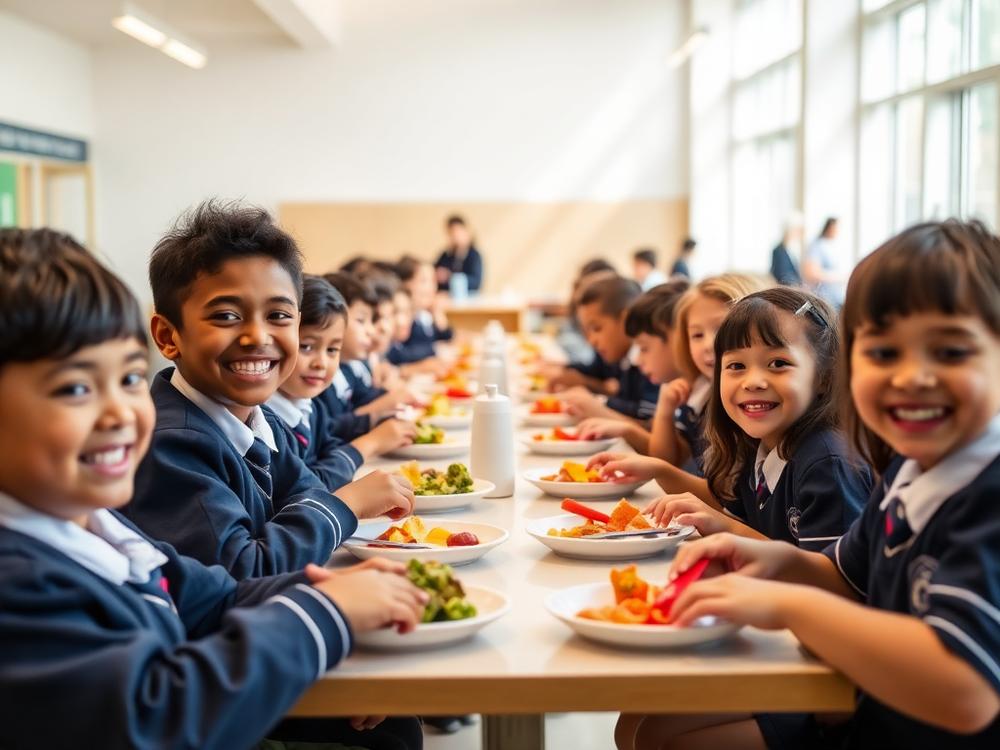 Alunos do período integral almoçando no refeitório do colégio
