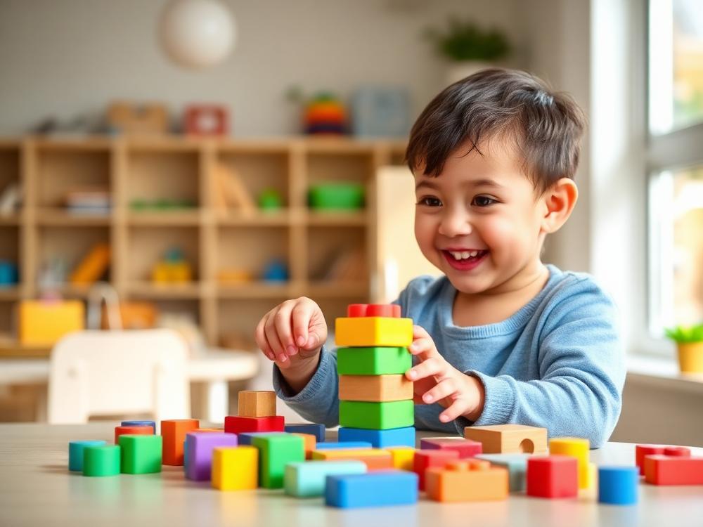 Criança da Educação Infantil brincando com blocos coloridos em sala iluminada